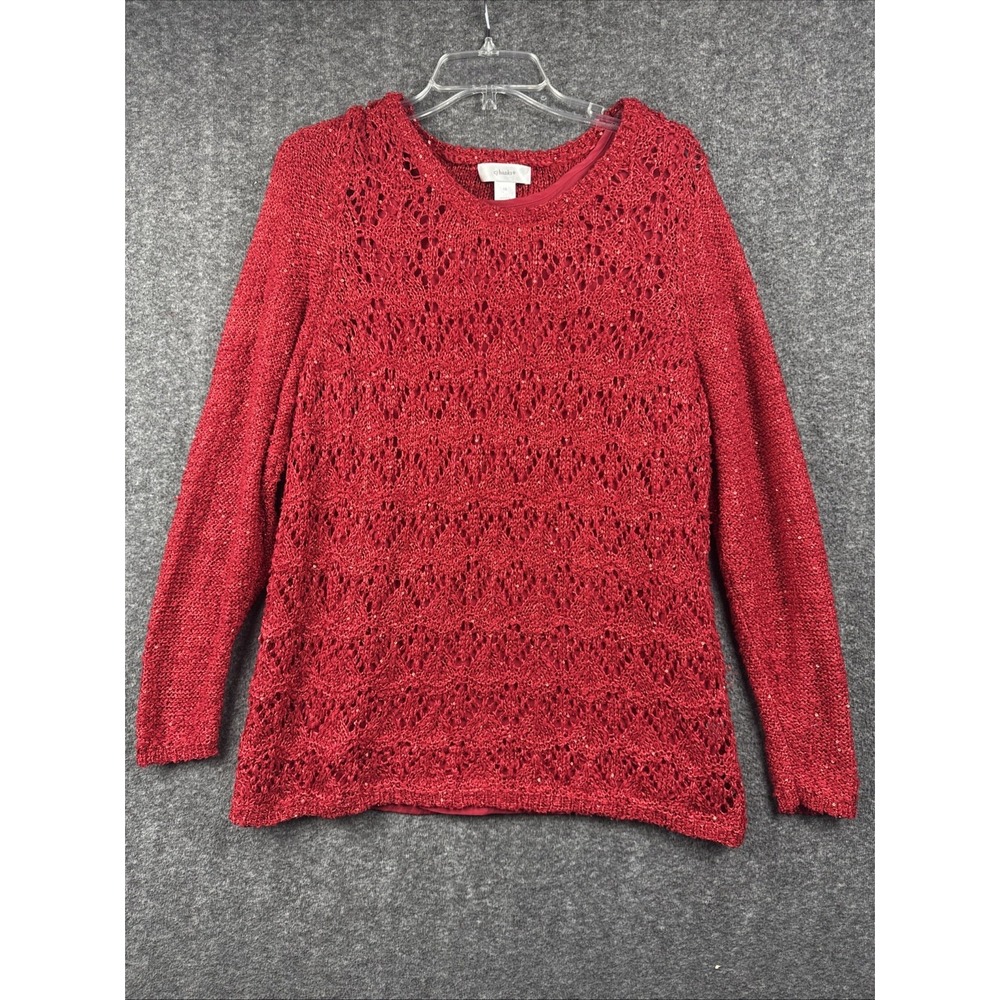 CJ Banks Red Crochet Knit Sweater Top Women's Plus 1X Lined Long Sleeve